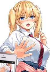 Rule 34 | 1girl, blonde hair, blue eyes, blue skirt, blush, breasts, cellphone, clothes around waist, collared shirt, dress shirt, kurenai hanpen, large breasts, long hair, long sleeves, looking at viewer, necktie, nose blush, open mouth, original, phone, pink sweater, plaid, plaid skirt, pleated skirt, pov, school uniform, shirt, shirt tucked in, skirt, sleeves rolled up, smartphone, solo focus, sweatdrop, sweater, sweater around waist, taking picture, twintails, upset, white background, white shirt