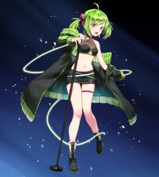 Rule 34 | 1girl, absurdres, artpatient, asymmetrical bangs, black jacket, black skirt, breasts, character name, commentary, delutaya, english commentary, green hair, highres, holding, holding microphone, indie virtual youtuber, jacket, microphone, microphone stand, microskirt, midriff, navel, open mouth, pencil skirt, short hair, skirt, small breasts, solo, thigh strap, twintails, virtual youtuber