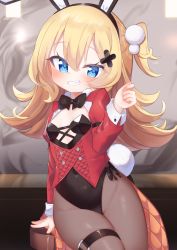 Rule 34 | 1girl, abercrombie (azur lane), abercrombie (mischief on the rocks) (azur lane), animal ears, azur lane, black hairband, black leotard, blonde hair, blue eyes, blush, breasts, brown pantyhose, commentary request, fake animal ears, grin, groin, hair between eyes, hair ornament, hairband, hand up, highres, jacket, juliet sleeves, kokone (coconeeeco), leotard, long sleeves, looking at viewer, one side up, pantyhose, playboy bunny, puffy sleeves, rabbit ears, rabbit tail, red jacket, small breasts, smile, solo, stool, strapless, strapless leotard, tail, x hair ornament