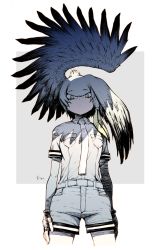 Rule 34 | 10s, 1girl, belt, bodystocking, breast pocket, closed mouth, collared shirt, commentary, empty eyes, expressionless, feathered wings, fingerless gloves, gloves, green eyes, grey hair, grey shirt, grey shorts, hair between eyes, hair tie, hatching (texture), head wings, highres, kemono friends, linear hatching, looking down, multicolored hair, necktie, oono tsutomu, pocket, raised eyebrows, shade, shirt, shoebill (kemono friends), short hair, shorts, side ponytail, sleeves rolled up, solo, thighhighs, two-tone background, two-tone hair, white background, white necktie, wings