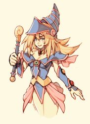 Rule 34 | 1girl, bare shoulders, blonde hair, blue hat, blush stickers, breasts, choker, cleavage, cropped legs, dark magician girl, duel monster, green eyes, hair between eyes, hat, highres, holding, holding wand, large breasts, long hair, looking at viewer, open mouth, oxcoxa, pentacle, smile, solo, wand, wizard hat, yu-gi-oh!, yu-gi-oh! duel monsters