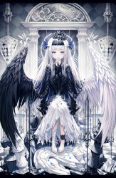 Rule 34 | 1girl, absurdres, angel, angel and devil, angel wings, asymmetrical wings, bandages, barefoot, black wings, blue eyes, checkered floor, checkered wall, dress, feathered wings, flower, frills, highres, huge filesize, long hair, looking at viewer, nail polish, okazu (eightstudio), original, own hands together, sitting, solo, torn clothes, very long hair, white hair, white wings, wide sleeves, wings