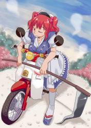 Rule 34 | 1girl, apron, blue sky, breast rest, breasts, cloud, day, female focus, flower, ghost, hair bobbles, hair ornament, hitodama, japanese clothes, kimono, looking at viewer, medium breasts, motor vehicle, motorcycle, one eye closed, onozuka komachi, outdoors, path, platform footwear, red eyes, red hair, road, scooter, scythe, sera kei, short hair, sky, socks, solo, touhou, vehicle, wink