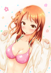 Rule 34 | 10s, 1girl, :o, bikini, bikini under clothes, blush, breasts, brown eyes, chigusa, cleavage, female focus, fingernails, floral background, floral print, gradient background, hojo karen, idolmaster, idolmaster cinderella girls, large breasts, long fingernails, long hair, long sleeves, looking at viewer, nail polish, open clothes, open mouth, orange hair, pink bikini, pink nails, side ponytail, solo, swimsuit, swimsuit under clothes, upper body