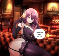 Rule 34 | absurdres, bar (place), breasts, cleavage, cup, d.d.g (ddg3420), drinking glass, highres, honkai: star rail, honkai (series), jade (honkai: star rail), large breasts, lingerie, mature female, pink hair, self-upload, thighs, underwear, wine glass