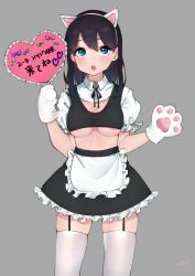 Rule 34 | 1girl, animal ears, animal hands, apron, areola slip, bad id, bad pixiv id, balloon, black hair, black shirt, blouse, blue eyes, blush, breasts, cat ears, cleavage cutout, clothing cutout, cowboy shot, fake animal ears, female focus, frilled skirt, frills, garter straps, gloves, grey background, heart balloon, holding, holding sign, looking at viewer, maid apron, medium breasts, miniskirt, no bra, open mouth, original, paw gloves, sakura no tomoru hi e, shirt, sign, simple background, skindentation, skirt, solo, standing, thighhighs, underboob, white thighhighs