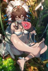 Rule 34 | 1girl, bare shoulders, barefoot, boned meat, branch, breasts, brown eyes, brown hair, choker, clenched teeth, collarbone, commentary, crossed bangs, dream catcher, facial mark, feather hair ornament, feathers, feet, foliage, food, full body, hair between eyes, hair ornament, headdress, highres, holding, holding food, jewelry, leg up, looking at viewer, meat, mendou kusai, navel, necklace, o-ring, o-ring choker, off shoulder, original, plant, sidelocks, sitting, small breasts, solo, strapless, symbol-only commentary, tattoo, teeth, thighs, toes, tree, tube top, vines, weapon, wide sleeves