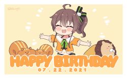 Rule 34 | 1girl, ahoge, bare shoulders, brown hair, chibi, closed eyes, collarbone, commentary request, ebi frion (natsuiro matsuri), hair ornament, happy birthday, highres, hololive, kukie-nyan, matsurisu, midriff, natsuiro matsuri, natsuiro matsuri (1st costume), navel, open mouth, solo, squirrel, twitter username, virtual youtuber