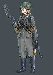 Rule 34 | 1girl, :d, bad id, bad pixiv id, black footwear, black gloves, boots, brown hair, brown jacket, brown pants, cigarette, commentary request, explosive, gloves, green headwear, grenade, gun, hand up, helmet, holding, holding weapon, jacket, knee boots, long sleeves, looking at viewer, military, military uniform, open mouth, original, pants, rifle, saettan (fnnt2783), short hair, short ponytail, simple background, smile, solo, standing, teeth, uniform, upper teeth only, weapon