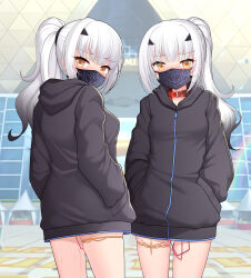 Rule 34 | 2girls, black hair, black shirt, blunt bangs, blush, character request, collar, cowboy shot, day, exhibitionism, fate/grand order, fate (series), gradient hair, hands in pockets, hood, hood down, hooded jacket, huoji (wonderturkey), jacket, long hair, looking at viewer, mask, melusine (fate), mouth mask, multicolored hair, multiple girls, no pants, orange eyes, outdoors, ponytail, public indecency, shirt, sweat, thighlet, tokyo big sight, vibrator cord