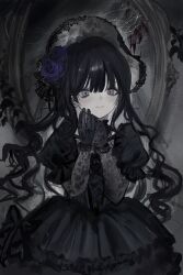 1girl akai_ringo_(eveyuno) black_bow black_dress blush bow corset cross-laced_hairband dress flower gloves gothic_lolita grey_eyes hair_flower hair_ornament headdress highres lace lace_gloves lolita_fashion looking_at_viewer original puffy_sleeves smile solo twintails