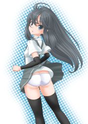 Rule 34 | 10s, 1girl, arm warmers, asashio (kancolle), ass, back, black hair, black thighhighs, blue eyes, highres, kantai collection, long hair, open mouth, panties, pleated skirt, shirt, skirt, smile, solo, suspenders, t2r, thighhighs, underwear, white panties