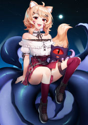 Rule 34 | 1girl, :d, ahoge, animal ear fluff, animal ears, artist name, asymmetrical legwear, bare shoulders, belt, blonde hair, cat ears, cat girl, cat tail, commentary, creature, detached collar, english commentary, facial mark, full body, hair ornament, hairclip, highres, indie virtual youtuber, kneehighs, looking at viewer, off-shoulder shirt, off shoulder, open mouth, pleated skirt, red eyes, red skirt, red socks, sasoura, shirt, short hair, shyrei faolan, single kneehigh, single sock, single thighhigh, sitting, skirt, sky, smile, socks, solo, star (sky), starry sky, tail, tentacles, thigh strap, thighhighs, vguyen, virtual youtuber, whisker markings, white shirt