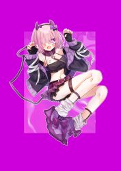 Rule 34 | 1girl, absurdres, alternate costume, belt, belt buckle, black bow, black bra, black gloves, black hairband, black jacket, black skirt, blush, bow, bra, breasts, buckle, cleavage, facial mark, fake horns, fang, fate/grand order, fate (series), fingerless gloves, full body, gloves, hair bow, hair over one eye, hairband, halloween costume, harukappa, highres, horns, jacket, layered skirt, looking at viewer, mash kyrielight, medium breasts, medium hair, microskirt, midriff, nail polish, navel, open clothes, open jacket, open mouth, outline, pink hair, purple background, purple belt, purple bow, purple eyes, purple footwear, red nails, skirt, socks, solo, stomach, thigh strap, underwear, white outline, white socks