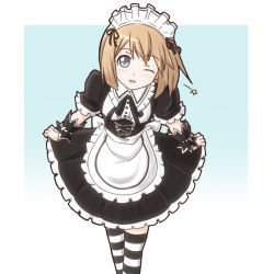 Rule 34 | 10s, 1girl, apron, atair, blue eyes, curtsey, dress, gradient background, looking at viewer, maid, maid apron, maid headdress, neptune (series), one eye closed, ribbon, rom (neptunia), short hair, smile, solo, star (symbol), thighhighs