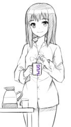 Rule 34 | 1girl, closed mouth, commentary, cowboy shot, cup, dress shirt, greyscale, holding, legs together, long hair, long sleeves, looking at viewer, monochrome, naked shirt, romaji commentary, shimada mayu, shirt, simple background, sketch, smile, solo, standing, tonee, wake up girls!, white background