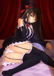Rule 34 | 1girl, ass, bed sheet, black thighhighs, breasts, brown eyes, curtains, frills, garter straps, gothic lolita, hat, highres, indoors, kazeno, lolita fashion, long hair, looking at viewer, medium breasts, mini hat, mini top hat, open mouth, original, panties, signature, sitting, smile, solo, thighhighs, top hat, underwear, white panties, window