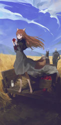 Rule 34 | 1boy, 1girl, absurdres, animal ears, barefoot, blue sky, brown hair, cart, cloud, craft lawrence, flat chest, food, fruit, highres, holding, holding food, holding fruit, holo, horse, long hair, modare, mountainous horizon, outdoors, red eyes, sack, short hair, sky, spice and wolf, tail, wheat, white hair, wind, wolf ears, wolf girl, wolf tail
