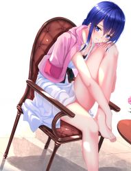 Rule 34 | 10s, 1girl, barefoot, blue eyes, blue hair, chair, dress, dutch angle, feet, feet on chair, hai to gensou no grimgar, hand on own knee, hands on feet, highres, jacket, jacket on shoulders, long hair, matching hair/eyes, merry (grimgar), parted lips, sitting, sketch, solo, swordsouls, table, toes