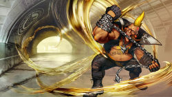Rule 34 | 1boy, beard, birdie (street fighter), boots, capcom, chain, chain necklace, chest hair, cross-laced footwear, dark-skinned male, dark skin, earrings, facial hair, fat, fat man, fingerless gloves, gloves, heart, heart tattoo, highres, jewelry, lace-up boots, licking, mohawk, necklace, official art, pants, street fighter, street fighter v, tattoo, torn clothes, torn pants, vest