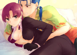Rule 34 | 1boy, 1girl, bazett fraga mcremitz, bed sheet, black gloves, blue hair, blush, grabbing another&#039;s breast, breasts, brown eyes, brown jacket, brown pants, cleavage, couple, cu chulainn (fate), cu chulainn (fate/stay night), dress shirt, earrings, fate/hollow ataraxia, fate (series), gloves, grabbing, grin, hair tubes, hawaiian shirt, jacket, jewelry, long hair, lying, medium breasts, misoiri (gokutsubushi), necktie, official alternate costume, on side, open clothes, open jacket, open shirt, pants, pillow, ponytail, purple hair, purple neckwear, red eyes, shirt, short hair, short sleeves, smile, white shirt