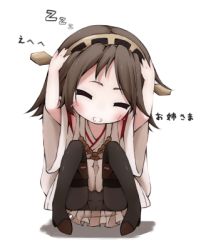 Rule 34 | 10s, 1girl, blush, brown hair, cowering, detached sleeves, full body, hair ornament, hairband, hiei (kancolle), itituki, japanese clothes, kantai collection, long hair, lowres, miko, nontraditional miko, panties, panties under pantyhose, pantyhose, pantyshot, pleated skirt, skirt, sleeping, solo, squatting, translated, underwear, upskirt, white background