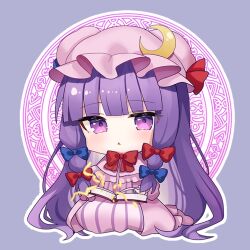 Rule 34 | 1girl, :&lt;, blue bow, blunt bangs, blush, book, bow, chibi, closed mouth, commentary request, crescent, crescent hat ornament, dress, eyelashes, grey background, hair bow, hat, hat ornament, holding, holding book, long hair, looking at viewer, magic circle, mob cap, open book, patchouli knowledge, pink dress, pink hat, purple eyes, purple hair, red bow, sidelocks, simple background, sitting, solo, striped clothes, striped dress, touhou, usushio, vertical-striped clothes, vertical-striped dress, very long hair