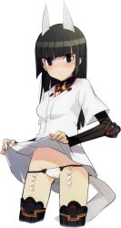 Rule 34 | 1girl, anabuki tomoko, animal ears, black eyes, black hair, blush, breasts, clothes lift, cowboy shot, cropped legs, groin, highres, hime cut, japanese clothes, lowleg, lowleg panties, panties, scan, shide, shimada fumikane, shirt lift, small breasts, solo, strike witches, strike witches: suomus misfits squadron, thighhighs, underwear, world witches series