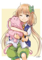 Rule 34 | 1girl, blonde hair, blush, bow, brown eyes, commentary, cowboy shot, futaba anzu, hair bow, hair ornament, holding, holding stuffed toy, idolmaster, idolmaster cinderella girls, long hair, looking at viewer, low twintails, necktie, nikuben, hugging object, one eye closed, puffy shorts, short sleeves, shorts, signature, smile, solo, stuffed animal, stuffed rabbit, stuffed toy, suspender shorts, suspenders, suspenders hanging, twintails, two-tone background, vest, wrist cuffs