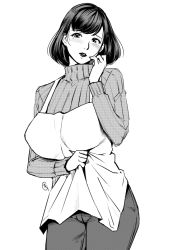 Rule 34 | 1girl, apron, blush, breasts, ganto, housewife, huge breasts, lips, looking at viewer, mature female, mole, monochrome, short hair, simple background, sweater