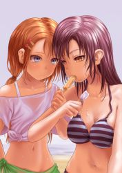 Rule 34 | 2girls, bare arms, bare shoulders, bikini, bikini top only, bikini under clothes, blue eyes, blush, breasts, cleavage, collarbone, eating, food, food on body, food theft, hair ornament, hairclip, holding, holding food, kein hasegawa, long hair, low twintails, medium breasts, melting, multiple girls, navel, off shoulder, orange hair, original, outdoors, parted bangs, popsicle, purple hair, sarong, see-through, shirt, short sleeves, stomach, striped bikini, striped clothes, sweat, swimsuit, teardrop, tied shirt, tsurime, twintails, upper body, white shirt