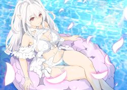 Rule 34 | 1girl, ahoge, bare shoulders, bikini, breasts, cleavage, dtawawa, fate/grand order, fate (series), frilled bikini, frills, innertube, lady avalon (fate), lady avalon (second ascension) (fate), long hair, looking at viewer, medium breasts, merlin (fate/prototype), navel, purple eyes, sitting, smile, solo, swim ring, swimsuit, thighs, very long hair, water, white bikini, white hair