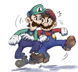 Rule 34 | 2boys, blue overalls, boots, brothers, brown footwear, brown hair, facial hair, full body, gloves, green headwear, green shirt, looking at another, luigi, male focus, mari luijiroh, mario, mario &amp; luigi rpg, mario (series), masanori sato (style), multiple boys, mustache, nintendo, overalls, red headwear, red shirt, red socks, shadow, shirt, short hair, siblings, simple background, socks, striped clothes, striped socks, two-tone socks, white background, white gloves, white socks