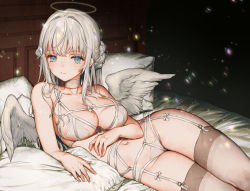 Rule 34 | 1girl, angel, angel wings, aqua eyes, blush, bow, bra, breasts, chest strap, choker, closed mouth, collarbone, garter straps, hair bun, halo, head tilt, highres, lace, lace bra, lace panties, large breasts, lingerie, long hair, looking at viewer, lying, navel, on back, on bed, original, panties, pillow, sidelocks, smile, solo, thighhighs, thighs, underwear, white bow, white choker, white hair, white thighhighs, wings, yutsumoe