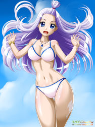 Rule 34 | 1girl, :d, artist name, bad id, bad pixiv id, bikini, blue eyes, blue gemstone, bracelet, breasts, cleavage, cloud, collarbone, covered erect nipples, cowboy shot, day, fairy tail, floating hair, gem, hair tie, hands up, happy, head tilt, hip focus, jewelry, leaning, leg tattoo, legs together, long hair, looking at viewer, medium breasts, mirajane strauss, navel, necklace, onoe, open mouth, outdoors, pendant, purple hair, shiny skin, sideboob, sidelocks, silver hair, sky, smile, solo, standing, swimsuit, tattoo, thigh gap, thighs, topknot, wallpaper, watermark, web address, white bikini