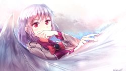 Rule 34 | 1girl, artist name, blush, bow, bowtie, collared shirt, covering own mouth, eyebrows, eyelashes, feathered wings, grey jacket, jacket, kishin sagume, long sleeves, looking at viewer, minust, open clothes, open jacket, pink shirt, red bow, red bowtie, red eyes, shirt, short hair, silver hair, single wing, solo, touhou, white wings, wing collar, wings