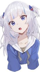 Rule 34 | 1girl, absurdres, artist request, blue eyes, blue hoodie, gawr gura, highres, hololive, hololive english, hood, hoodie, sharp teeth, simple background, solo, teeth, virtual youtuber, white background, white hair, white hood