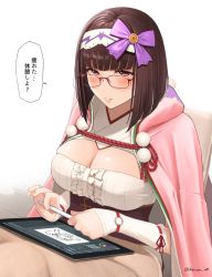 Rule 34 | 1girl, bad id, bad pixiv id, blush, breasts, brown hair, cleavage cutout, cloak, clothing cutout, drawing tablet, fate/grand order, fate (series), glasses, hairband, hibinpo, highres, holding, holding stylus, hood, hood down, hooded cloak, large breasts, long hair, osakabehime (fate), penetration gesture, pink cloak, purple eyes, solo, speech bubble, stylus, translation request, twitter username, very long hair, white hairband