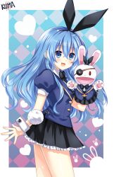 Rule 34 | 1girl, :d, absurdres, animal ears, black skirt, blue eyes, blue hair, blue shirt, blush, cowboy shot, curly hair, date a live, fake animal ears, frilled skirt, frills, from side, hand puppet, hand up, happy, highres, lewdkuma, long hair, looking at viewer, miniskirt, open mouth, puffy short sleeves, puffy sleeves, puppet, rabbit ears, rabbit tail, shirt, short sleeves, skirt, smile, solo, tail, very long hair, wrist cuffs, yoshino (date a live), yoshinon