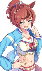 Rule 34 | 1girl, animal ears, blue jacket, blush, bow, breasts, brown eyes, commentary request, cropped shirt, ear ornament, harakomeshi, highres, horse ears, horse girl, horse tail, jacket, long sleeves, looking at viewer, medium breasts, medium hair, midriff, navel, nice nature (run&amp;win) (umamusume), nice nature (umamusume), official alternate costume, official alternate hairstyle, open clothes, open jacket, open mouth, partial commentary, ponytail, red bow, red hair, sailor collar, shirt, simple background, skirt, solo, tail, umamusume, upper body, white background, white shirt, white skirt, yellow bow