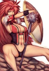 Rule 34 | 00s, 1girl, fumio (rsqkr), headband, long hair, mace, one eye closed, panties, queen&#039;s blade, red hair, revealing clothes, risty (queen&#039;s blade), risty (queen's blade), shield, sitting, solo, underwear, weapon, wilderness bandit risty, wink