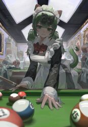 Rule 34 | 1girl, 6+girls, absurdres, animal ears, apron, ball, billiard ball, billiards, black bow, black dress, blurry, bow, bowtie, cat ears, cat girl, cat tail, closed mouth, commentary request, cowboy shot, cue stick, depth of field, dress, expressionless, green eyes, green hair, green nails, hair bow, hand on table, highres, holding cue stick, indoors, long hair, long sleeves, looking at viewer, maid apron, maid headdress, mole, mole under eye, multiple girls, original, painting (object), pool table, red bow, red bowtie, red hair, sentter, sleeve cuffs, solo, solo focus, table, tail, tail bow, tail ornament, twintails, vase, white apron, white bow