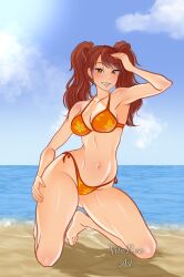 Rule 34 | 1girl, arm up, armpits, barefoot, bikini, breasts, cleavage, ear piercing, female focus, full body, gluteal fold, hand on own hip, highres, kujikawa rise, long hair, looking at viewer, matching hair/eyes, medium breasts, navel, persona, persona 4, piercing, solo, swimsuit, twintails, wide hips, xelaroseart