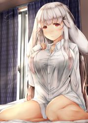 Rule 34 | 1girl, animal ears, arm at side, blush, breasts, brown eyes, cleavage, closed eyes, closed mouth, collarbone, collared shirt, curtains, day, hair ornament, hairclip, hand up, indoors, large breasts, long hair, looking at viewer, lop (sugiyuu), naked shirt, on bed, original, rabbit ears, shirt, sidelocks, signature, sitting, smile, solo, sugiyuu, taut clothes, taut shirt, thighs, wariza, white hair, white shirt, window