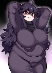 Rule 34 | 1girl, @ @, absurdres, ahoge, alternate body size, alternate breast size, black background, breasts, commentary request, commission, cowboy shot, creatures (company), dress, fat, game freak, gradient background, hair between eyes, hairband, hex maniac (pokemon), highres, large breasts, long dress, long hair, looking at viewer, nintendo, no nose, oasis (magnitude711), parted lips, pixiv commission, pokemon, pokemon xy, purple eyes, purple hair, purple hairband, smile, solo, sweat, thick thighs, thighs, white background
