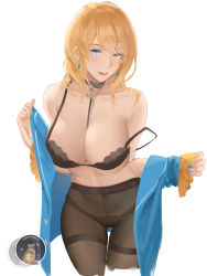 Rule 34 | 1girl, alternate costume, bad id, bad pixiv id, between breasts, black bra, black panties, black pantyhose, blonde hair, blue eyes, blue nails, bra, breasts, closed mouth, collar, collarbone, commentary request, commission, heterochromia, high-waist pantyhose, large breasts, long hair, looking at viewer, medium breasts, nail polish, panties, panties under pantyhose, pantyhose, renown (warship girls r), revision, rifu (643763873), simple background, solo, standing, strap slip, thighband pantyhose, underwear, warship girls r, white background, yellow eyes