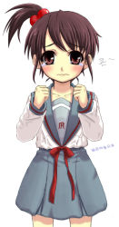 Rule 34 | 00s, 1girl, brown eyes, brown hair, clenched hands, hair bobbles, hair ornament, kyon no imouto, looking at viewer, ponytail, school uniform, serafuku, short hair, side ponytail, simple background, solo, suzumiya haruhi no yuuutsu, tears, wavy mouth, white background