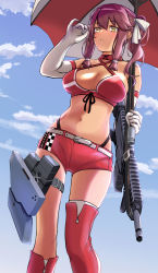 Rule 34 | 1girl, 3 small spiders, :o, absurdres, asymmetrical footwear, bare shoulders, bikini, blue sky, blush, boots, breasts, cleavage, collarbone, dark-skinned female, dark skin, elbow gloves, feet out of frame, from above, girls&#039; frontline, gloves, gun, hair ornament, hair ribbon, hairclip, hand in own hair, highres, holding, holding gun, holding umbrella, holding weapon, long hair, looking away, medium breasts, navel, official alternate costume, open mouth, purple hair, race queen, red bikini, red footwear, red shorts, ribbon, saiga-12, saiga-12 (crimson navigator) (girls&#039; frontline), saiga-12 (girls&#039; frontline), shorts, shotgun, simple background, sky, solo, standing, swimsuit, thigh boots, thighhighs, umbrella, weapon, white gloves, white ribbon, yellow eyes
