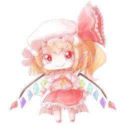 Rule 34 | 1girl, ascot, blonde hair, bow, chibi, closed mouth, commentary request, crystal, eyebrows visible through hat, flandre scarlet, frilled shirt collar, frills, full body, hair bow, hat, kuriiro, looking at viewer, mob cap, one side up, petticoat, pointy ears, red bow, red eyes, red skirt, red vest, short hair, skirt, smile, solo, standing, touhou, transparent background, vest, white hat, wings, wrist cuffs, yellow ascot