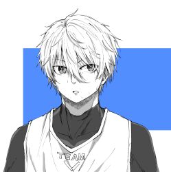Rule 34 | 1boy, blue background, blue lock, commentary request, covered collarbone, greyscale with colored background, hair between eyes, highres, looking at viewer, male focus, naegi (naegidokoro), nagi seishirou, parted lips, shirt, solo, sportswear, two-tone background, white background